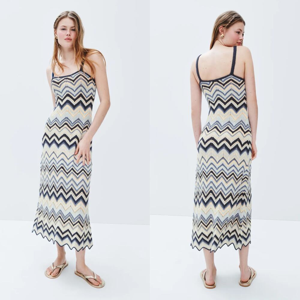 Maje Crochet Knit Dress Metallic Chevron Sleeveless Midi Tank Multicolor 40 US 8